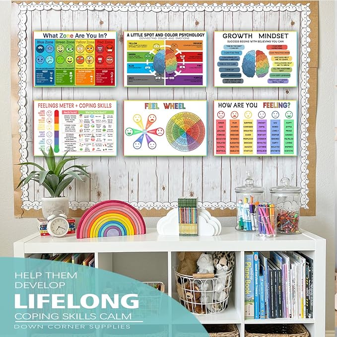 6 Zone of Self-Regulation Bulletin Board Set Feeling Chart for Kids - Calm Down Corner Toolkit with Feeling Wheel Poster, Emotions Chart & Growth Mindset Activities (12x18 Inch, Classroom Decor Essentials)
