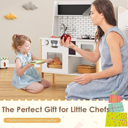 DlandHome Kids Kitchen Playset, Pretend Kitchen Playset with Real Lights & Sounds, Chef Pretend Play Set with Sink Oven Microwave, Ideal Role Play Toy Gift for Toddlers and Kids Ages 3+, White
