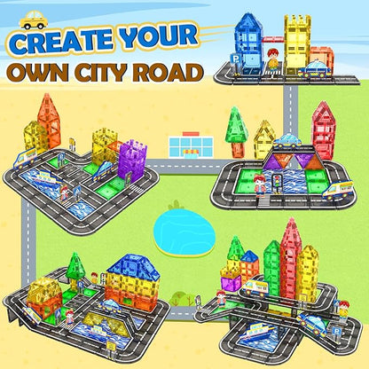 112PCS Magnetic Tiles Road Set with Vibrant Color & Ultra Magnet Strength, City Road Building Blocks Construction Toys for Toddlers Kids Ages 3-12, Creative Gifts STEM Toys for 3+ Years Old Boys Girls