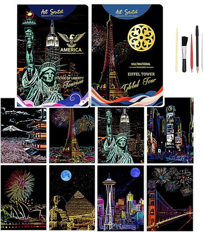 BulChign Scratch Painting Rainbow Paper Cards Kits for Adults,8 Sheets Rainbow City Ancient Capital Scratchboard(7.9 x 5.5 inch) with 6 Tools - Tourist Souvenirs (America/Global Architecture)