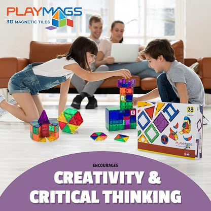 Playmags 28 Piece Magnetic Tiles Dome Set - Now with Stronger Magnets, STEM Toys for Kids, Sturdy, Super Durable with Vivid Clear Color Tiles
