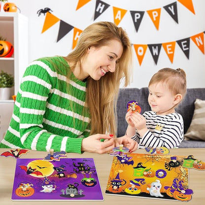 2Pcs Halloween Wooden Peg Puzzles, Halloween Toys for Toddlers Educational Puzzle Kids Hallow EEN Party Favors Basket Stuffers Fillers Favors Hallow EEN Treats Non Candy Goodies for Boys Girls