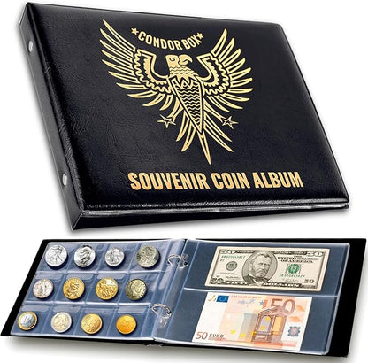 3in1 Coin Holder Album 180 Pockets - Paper Money Collection 10 Pockets - Large Storage Book for Collectors and Great for Gold Silver Dollars Dollar Bill Currency Quarters Penny Foreign Coins (Black)