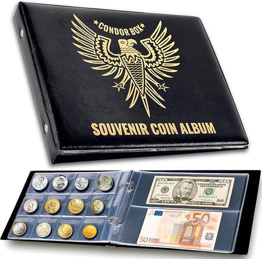 3in1 Coin Holder Album 180 Pockets - Paper Money Collection 10 Pockets - Large Storage Book for Collectors and Great for Gold Silver Dollars Dollar Bill Currency Quarters Penny Foreign Coins (Black)