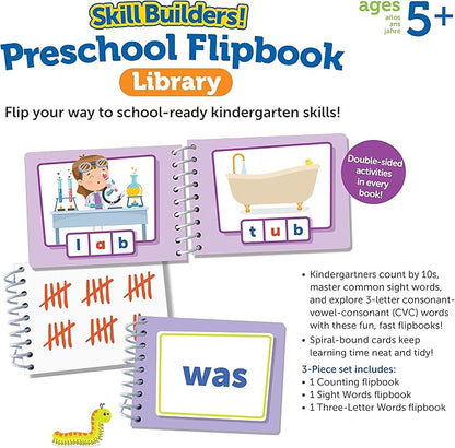 Learning Resources Skill Builders! Kindergarten Flipbook Library - 3 Pieces, Ages 5+ Kindergarten Learning Activities, Spelling and Counting for Kids, My First Library for Kids