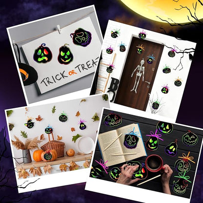Qilery 120 Pcs Fall Halloween Scratch Paper Off Cards Magic Pumpkins Scratch Off Paper Craft Art Activities Rainbow Black Fun for Thanksgiving Party Ornaments DIY Education Game(Pumpkins)