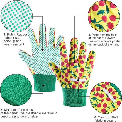 OSDUE Kids Gardening Gloves, 3 Pairs Medium, Age 6-9, Polyester Material, Floral Pattern, Suitable for Indoor and Outdoor Activities, Protective and Comfortable