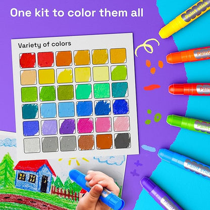 ARTISTRO 100% Washable Tempera Paint Sticks for Kids - 36 Non-toxic Paint Markers for Kids - Color Sticks with Twist Design, Coloring Pages Included