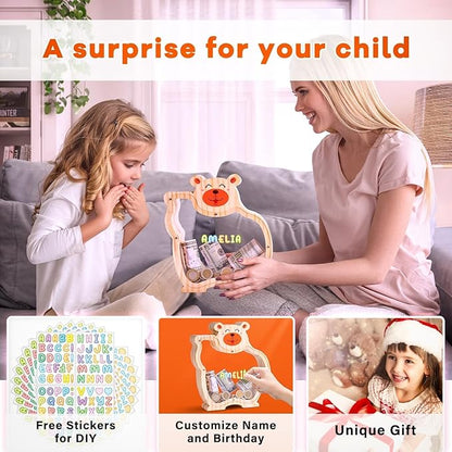 Wooden Bear Piggy Bank for Kids with Letter Stickers, Unbreakable Large Money Box for Boys, Girls, Cute Wooden Coin Bank, Piggy Money Jar Personalized Gift, Educational Toy for Kids