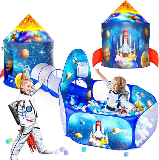 3PC Ball Pits for Toddlers with Kids Play Tent and Kids Tunnel for Boys & Girls, Baby Pop Up Playhouse Toy for Indoor/Outdoor Games, Astronaut Ships Birthday Gifts for Years Old