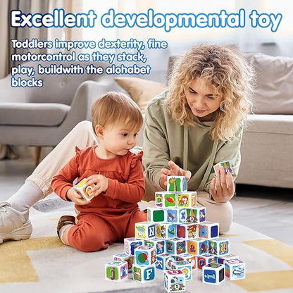 PLAY ABC Building Blocks for Toddlers 1-3, 28 PCS Plastic Baby Alphabet Letters Number Stacking Blocks Set, Preschool Learning Educational Montessori Sensory Toys Gifts for Kids Girls Boys