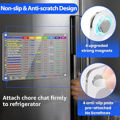 PigPotParty Acrylic Magnetic Chore Chart for Family & Multiple Kids – 16"x12" Large Dry Erase Chore Board for Fridge, Daily & Weekly Responsibility Chart for Adults, Includes 12 Markers & 1 Towel