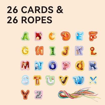 Dotimo Lacing Cards - 26PCS Double - Sided Uppercase Sewing Cards, 26 Animal Alphabet Games, for Kids Ages 3-5, Preschool Learning & Quiet Time Activities