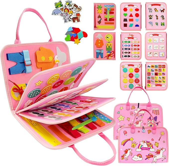 MAJAVI Busy Board Montessori Toys for 1 2 3 4 Year Old, Busy Book Sensory Toy for Toddlers Learning Fine Motor Skills, Educational Activities Airplane Car Travel Toy for Baby Boys Girls, Pink