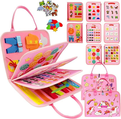MAJAVI Busy Board Montessori Toys for 1 2 3 4 Year Old, Busy Book Sensory Toy for Toddlers Learning Fine Motor Skills, Educational Activities Airplane Car Travel Toy for Baby Boys Girls, Pink