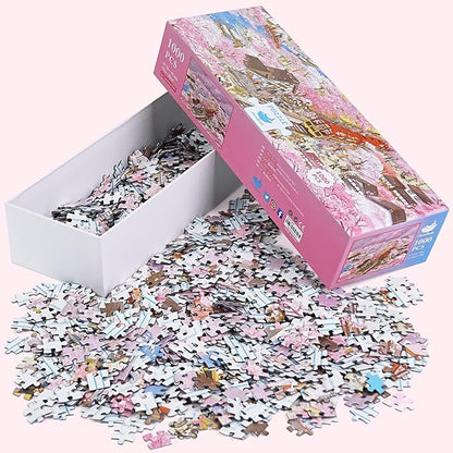 MOMIBOOK 1000 Piece Puzzle for Adults Jigsaw Puzzles of Arashiyama Sakura Tour, Painting Image Cherry Blossom Difficult Challenging Impossible Puzzle Unique Party Christmas Birthday Gifts