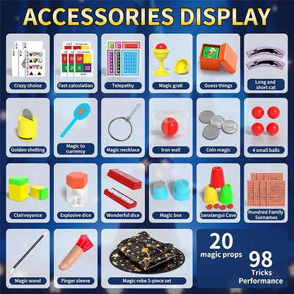 Magic Kit for Kids 6-8-10-12, 98 Magic Tricks Set for Kids with Magician Costume and Magic Wand, Halloween Christmas Birthday Gifts Toys Magic Set for Ages 4 5 6 7 8 9 10 11 12 Years Old Boys Girls