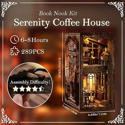 DIY Book Nook Kit Wooden Bookshelf Miniature Serenity Coffee House Kit 3D Wooden Puzzles Bookends Miniature House Kit Book Nook Bookshelf Insert Decor with LED Lights Wood Crafts for Adults