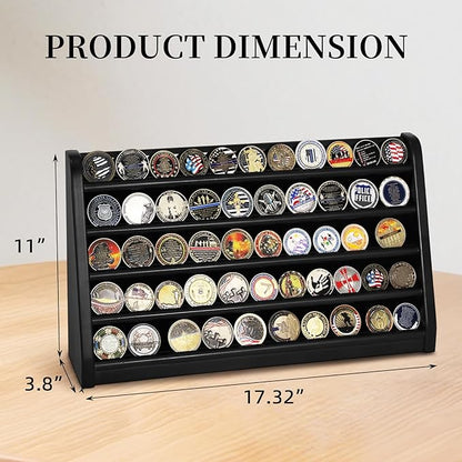 5 Rows Challenge Coin Holder Display Stand Holds 50 Coins for Wall Mount or Tabletop, Solid Wood Military Coin Rack Display Case for Army Collectibles, Black