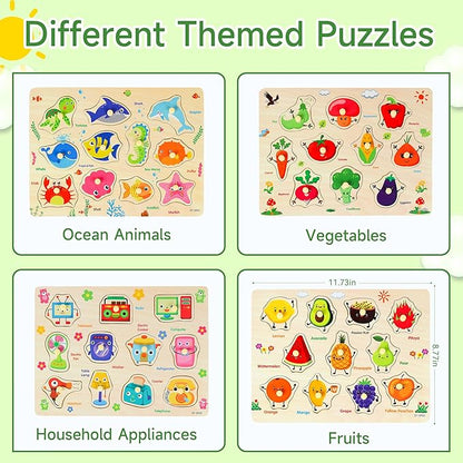 Wooden Peg Puzzles for Toddlers, 4 PCS Toddler Puzzles Set-Fruits, Sea Animals, Home Appliances, Vegetables, Baby Puzzle Montessori Toys for 3 4 5 Years Boys Girls, Kids Preschool Learninng Toys Gift