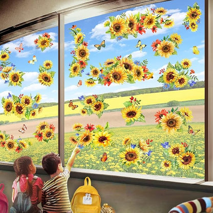 Sunflower Window Decals & Clings - Spring & Fall Decorations for Bedroom, Nursery, Living Room - Birthday Parties & Holidays
