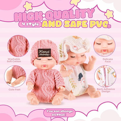 Hanaive 4 Pcs 4 Inch Mini Baby Dolls Lifelike Realistic Baby Dolls Animal Clothes Cute Tiny Gifts for Kids Birthday Party(Homey Style)