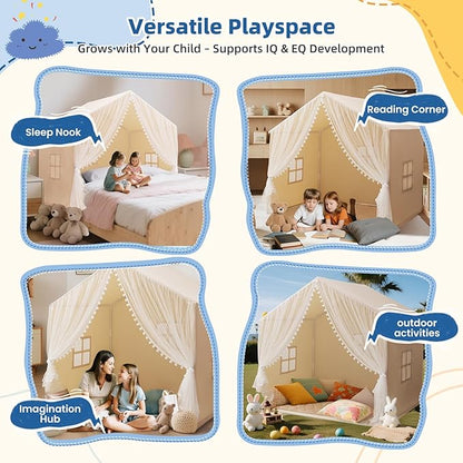 Large Kids Play Tent, 55.1in Length, Fits 3-4 Children,Indoor Playhouse for Kids, with Padded Mat and Lights, Bed Tent for Toddler, Birthday for Boys Girls