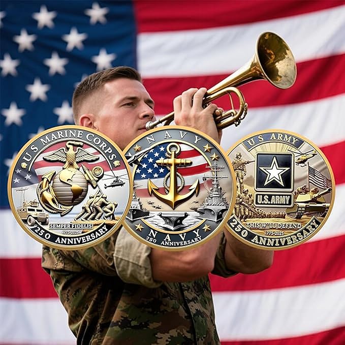 USMC 250th Anniversary Commemorative – Navy 250th Anniversary Coin, Double-Sided Marine Corps Challenge Coin with Metal Gift Box – Collectible Gift for Veterans, Marines, Patriots – 1.57"