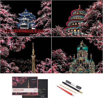 Scratch Painting Rainbow Paper by BOTEEN, Scratch &Sketch DIY Art Craft City Series Night View Creative Gift, Scratchboard for Adults and Kids ,Craft Kits with 4 Tools (A4- 4pack）