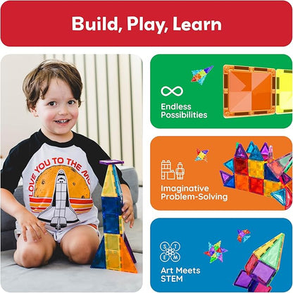 PicassoTiles 120pcs Mini Size Magnetic Tiles Magnet Toys Diamond Series Sensory Construction Building Blocks Set STEM Learning Travel Size Educational Toy for Kids Boys Girls Toddlers Age 3+ PTM120