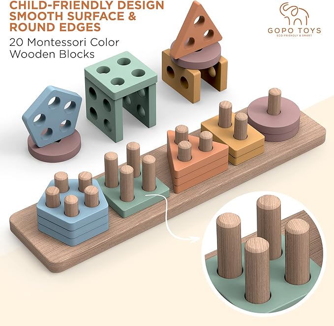 GOPO TOYS Montessori Toys for 1+ Year Old – Wooden Shape Sorter & Stacking Puzzle – Toddler Learning, Fine Motor Skills & Developmental Toy for Boys & Girls