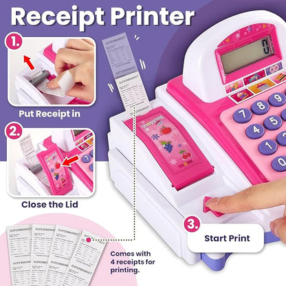BUYGER Kids Cash Register Toy with Scanner, Receipt Printer, Microphone, Shopping Play Food - Pretend Role Play Birthday for Toddler Kids Boys Girls Ages 3 4-8+ Years Olds