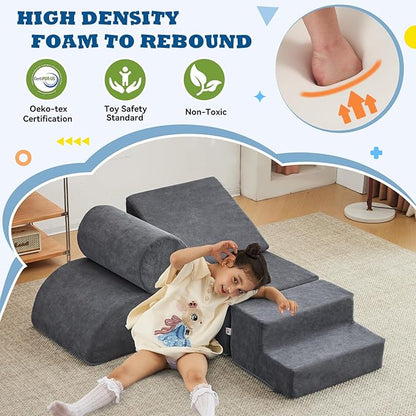 jela Kids Foam Climbing Blocks 6Pcs Soft Play Equipment Luxury Corduroy Fabric, Toddler Climbing Playset Indoor Soft Play Climbing for Toddlers, Lightweight Climbing Blocks for Babies (Darkgrey)