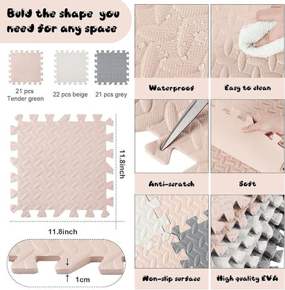 Shihanee Foam Floor Baby Tiles Foam Floor Mats Play Mats Bulk with Borders Interlocking for Kids Baby Playroom Nursery Gym (White, Beige, Gray,64ft)