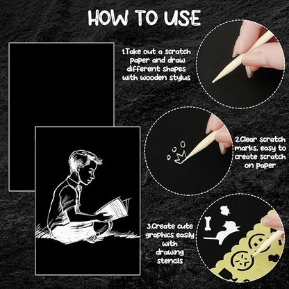 Noveread 67 Pcs Scratch Paper Art Set Scratchboard Craft Kits Black Coated Scratch Paper Wood Art Stylus and Stencils for DIY Birthday Party Gift Supplies (7.2 x 5 Inch)