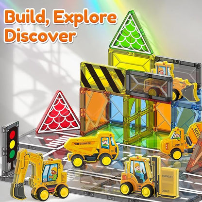 Oriate Magnetic Tiles Engineering Construction Vehicle Road Set,Kids Toys Games with Magnetic Blocks STEM Educational,City Sensory Magnet Tiles,Birthday Gifts for Kids ages 3+ Boys Girls Toys with Car
