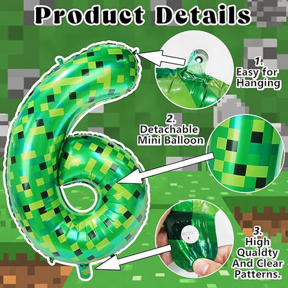 40in Pixel Giant Number 6 Balloon Birthday Decorations, Miner Theme Green Foil Balloons Blast Gaming Party Supplies