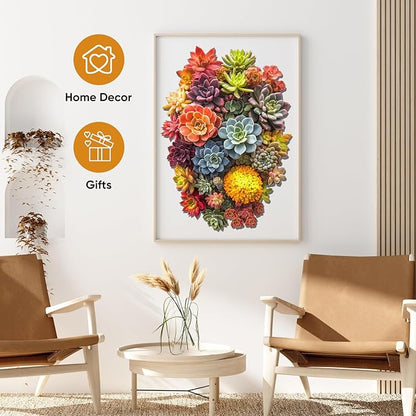 delobi Succulent Waterfall Wooden Puzzles, 500 Pieces Jigsaw Puzzles 18.5'' x13.1'', Unique Design Liberty Wooden Puzzles for Adults and Kids, Family Game Gift Royal Size