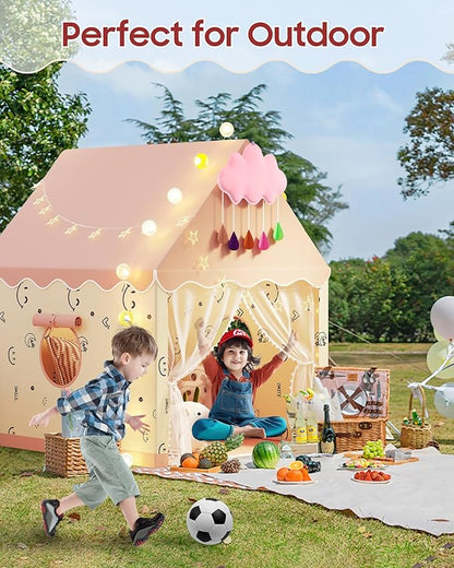 Kids Play Tent, Princess Tent Indoor Playhouse Set with Star Lights, Ball Lights, Colorful Flags, Butterflies, Clouds - Pink Tents for Kids Toddle Castle for Girls Toy House Gift