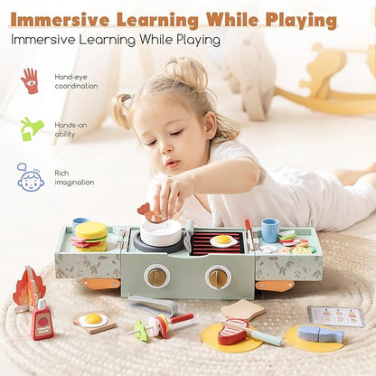 Wooden Kids Grill Playset with Play Kitchen Accessories| Pretend Play Toys for Toddlers 3-5, Cooking BBQ Play Food Toy for 3+ Year Old Boys & Girls, Birthday Gifts for Kids