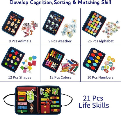 Busy Board - Dinosaur Montessori Toys for 3 4 5 Year Old - Sensory Toys for Autistic Children - Toddler Travel Toys - Busy Book for Toddlers Activities as Boys Girls Gift