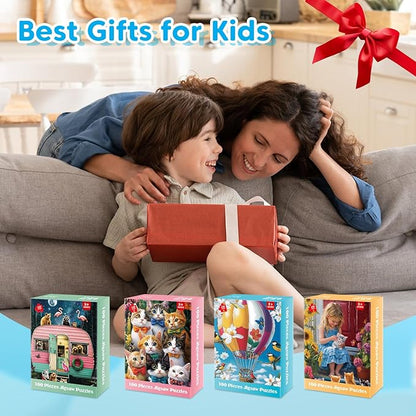 4-Pack 100 Piece Puzzles for Kids Ages 4-6, 6-8 | RV Trailer, Hot Air Balloon, Girl & Cats | Engaging & Educational Jigsaw Puzzles for Girls and Boys