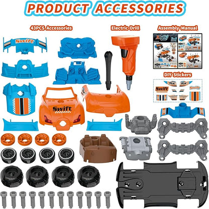 3-in-1 Take Apart Car for Boys Ages 3 4 5 6 7, Building Toys with Electric Drill, 43 Pcs Construction Toy Truck, Build Your Own Car with Play Tools, Ideal STEM Gift for Kids Children (Orange)
