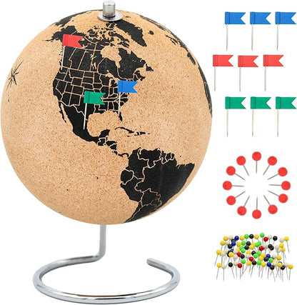 Beautiful Cork Globe with 102 Different Push Pins - Spinning Travel Globe 26cm / 10 inch High with Push Pin Made of Cork – as Travel Map & Gift Idea for Globetrotters