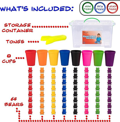 Colorful Counting Bears with Matching Cups - 80 Bears - Sort, Count & Color Recognition Learning Toy for Toddler & Kids - Montessori Education - Preschool Game