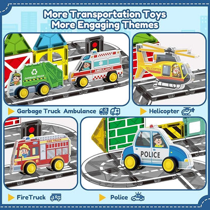 Oriate Rolling City Vehicle for Magnetic Tiles, Free Wheels Rescue Toy Cars Compatible with Road Magnet Tiles, Car Toys for Kids Urban Road Traffic Magnetic Tiles Toys, Educational Gift Boys Girls