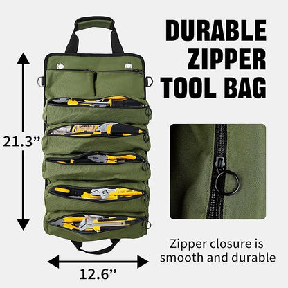 Portable Foldable Roll-Up Waterproof Tool Bag Organizer with 5 Compartments & 2 Detachable Pouches, Heavy-Duty Tool Pouch Bag, Dad Men Electrician Mechanic Gifts (Army green)
