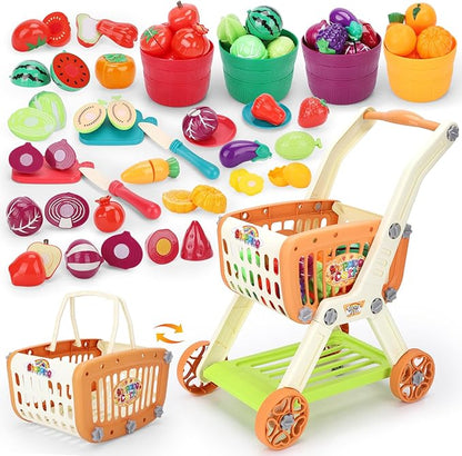Shopping Cart with Cutting Play Food Set for Kids Kitchen, 2 in 1 Shopping Cart for Kids Grocery Store Pretend Play Kitchen Accessories Sorting Food Bucket Learning Toys Gift for Toddler 3-5