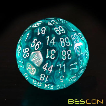 Bescon Translucent Polyhedral Dice 100 Sides Dice, Transparent D100 die, 100 Sided Cube, D100 Game Dice,100-Sided Cube of Teal
