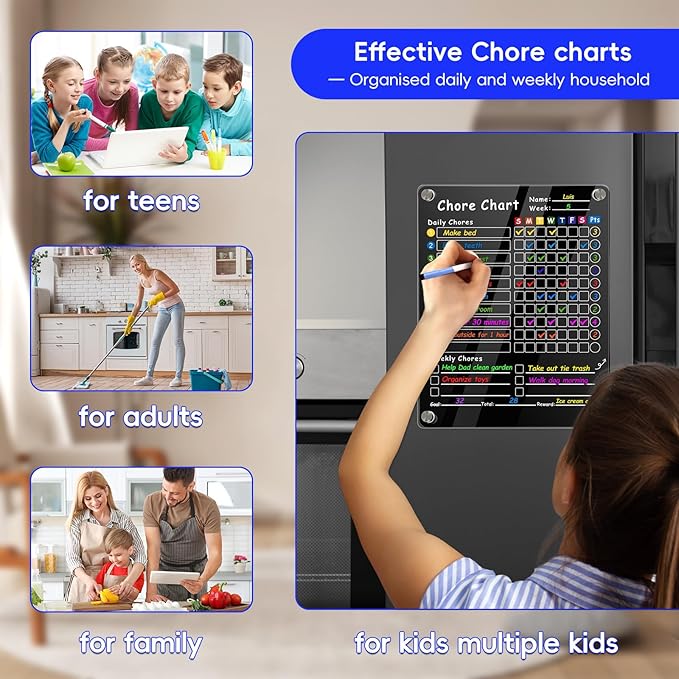 Acrylic Magnetic Chore Chart for Kids & Adults, 12"x9.5" Clear Dry Erase Reward Board - Behavior and Responsibility Refrigerator Chart for at Home Multiple Kids, Teens(w/ 8 Markers & Towel)
